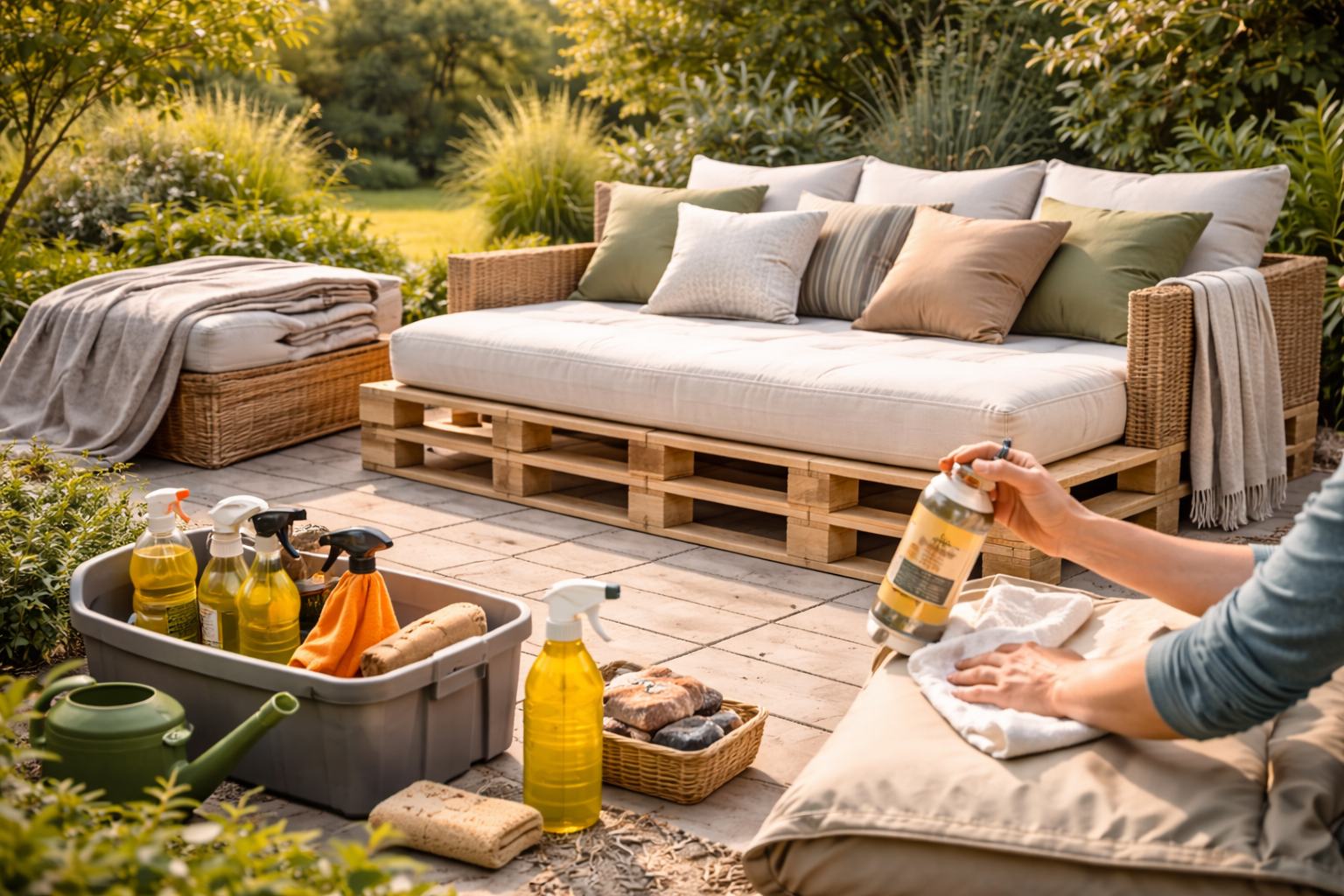 



Garten-Daybed aus Holzpaletten mit hellen Polstern auf einer Terrasse, daneben Reinigungsutensilien, Sprühflaschen und gefaltete Decken, die die Pflege und Wartung von Outdoor-Möbeln zeigen.
