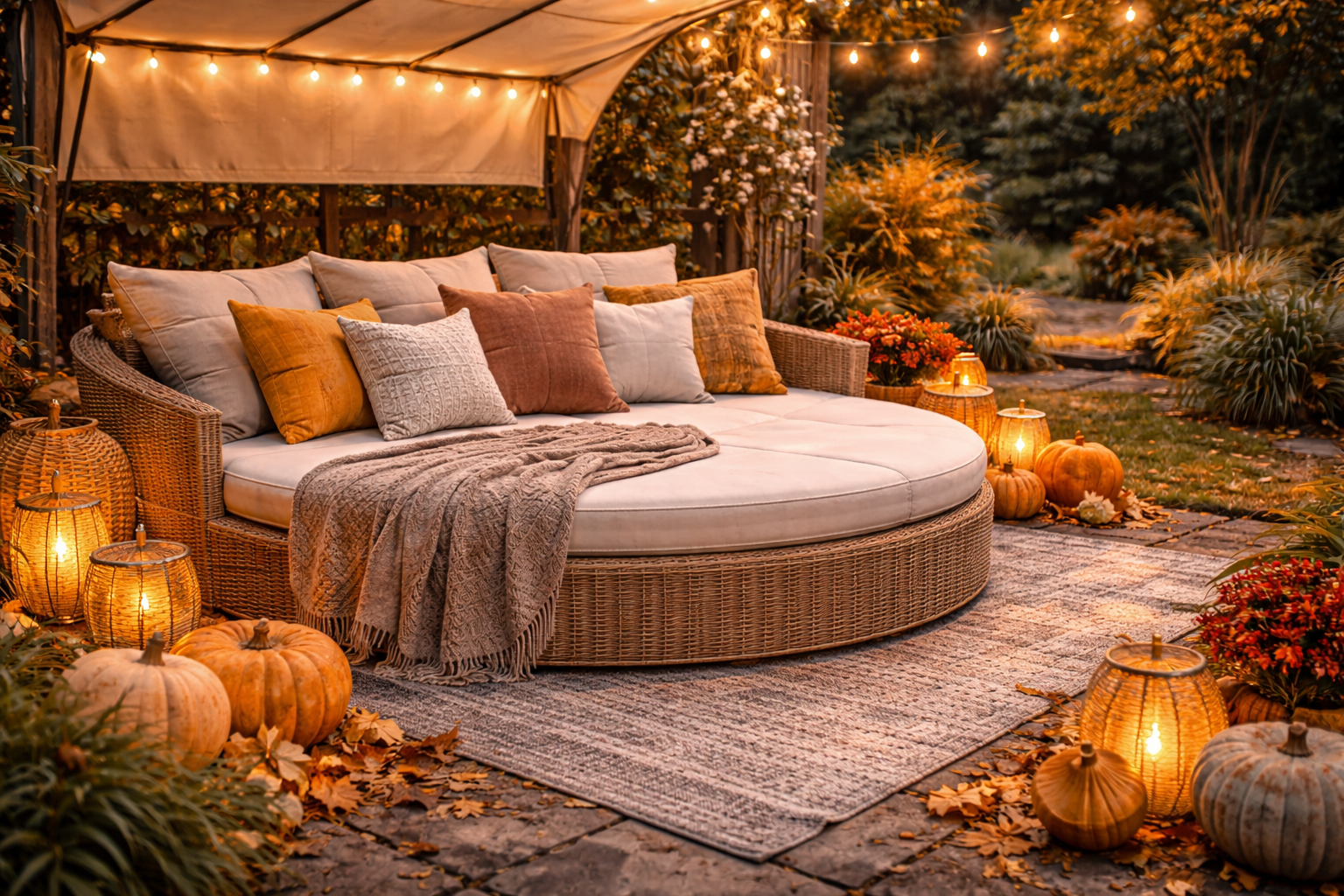 Hyperrealistisches rundes Garten-Daybed aus Rattan mit hellen Polstern und Kissen in warmen Herbstfarben wie Terrakotta, Senfgelb und Beige. Umgeben von Kürbissen, Laternen, Lichterketten und herbstlichen Pflanzen auf einer Steinterrasse, die eine gemütliche saisonale Herbststimmung im Garten schaffen. 🎃🍂