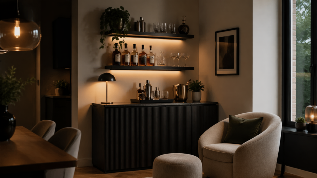 Gemütliche Home Bar in einer stilvollen Wohnzimmerecke mit dunklem Sideboard, offenen Wandregalen mit Flaschen und Gläsern, warmem indirektem Licht, dekorativen Bar-Accessoires sowie einem bequemen Sessel und Pouf daneben, die eine einladende Lounge-Atmosphäre schaffen