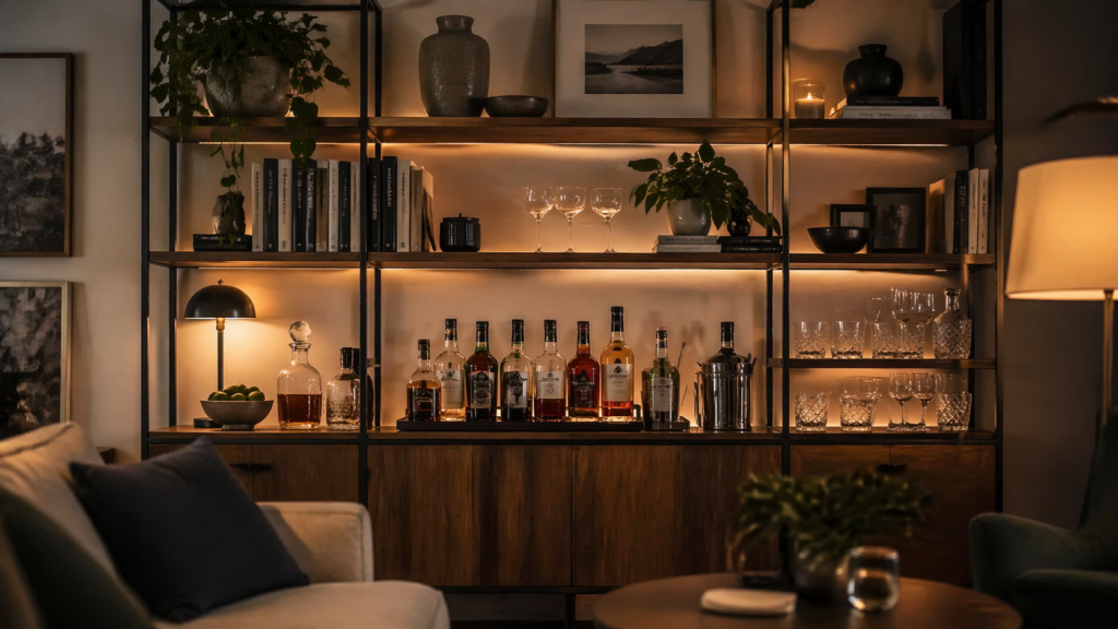 Hyperrealistisches Wohnzimmer mit einer stilvollen Regalbar aus Holz und schwarzem Metall. Die unteren Regalböden sind funktional mit Spirituosenflaschen, Karaffen, Eisbehälter und verschiedenen Gläsern gefüllt. In den oberen Fächern stehen dekorative Bücher, Keramikvasen, Pflanzen und Bilderrahmen. Warmes indirektes Licht beleuchtet die Regale und sorgt für eine gemütliche, wohnliche Atmosphäre im modernen Interior Stil.
