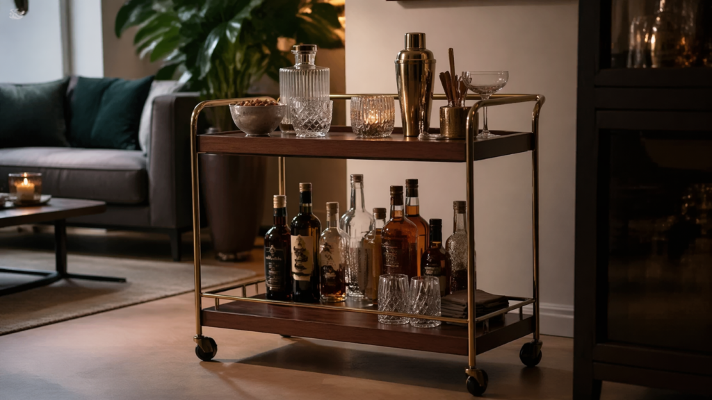 Moderner Barwagen aus Holz und Gold auf Rollen in einem stilvoll eingerichteten Wohnzimmer, dekoriert mit eleganten Gläsern, Kerzen und Snacks auf der oberen Ebene sowie verschiedenen Spirituosen und Barzubehör auf der unteren Ablage, warmes Licht und gemütliche Atmosphäre im Hintergrund