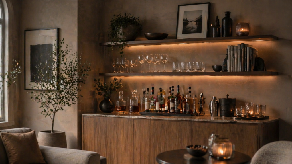 Hyperrealistische Home Bar in warmen neutralen Farbtönen mit Wand in Taupe und Karamell. Ein eleganter Holzschrank mit Steinplatte trägt stilvoll arrangierte Spirituosen, Gläser, Cocktailshaker und einen Eisbehälter. Darüber schweben minimalistische Regalbretter mit dekorativen Büchern, Keramik und Pflanzen. Warmes indirektes Licht betont die Beige und Braunnuancen und lässt Glas und Metall besonders edel wirken. Die Umgebung wirkt ruhig, modern und einladend.