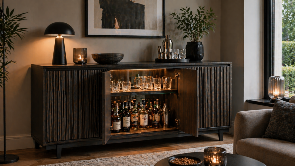 Modernes flaches Sideboard aus dunklem Holz mit geöffnetem Fach als versteckte Home Bar, innen mit warmem Licht beleuchtet, gefüllt mit hochwertigen Flaschen und Gläsern, darüber minimalistische Deko wie Lampe, Vase und Barzubehör, in einem stilvollen Wohnzimmer mit klaren Linien und gemütlicher Atmosphäre