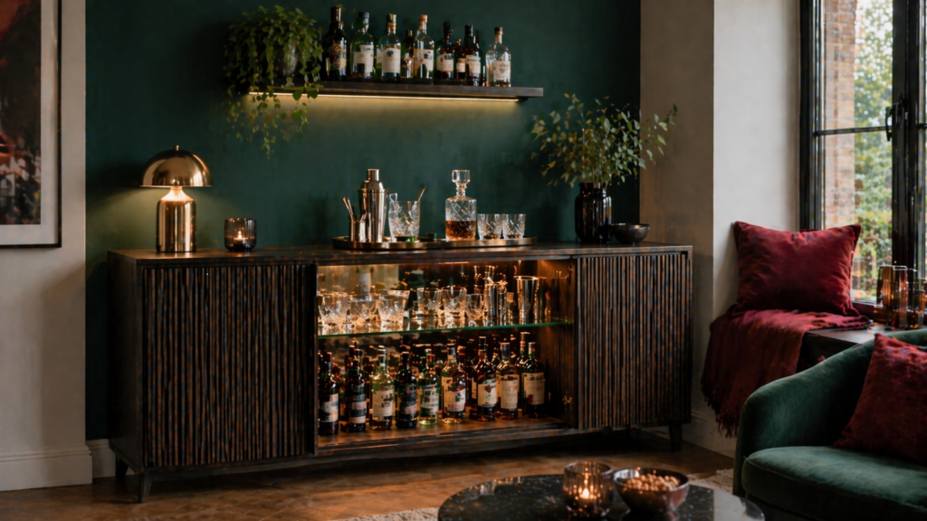 Stilvolle Home Bar mit klarem Fokus auf Akzentfarben, bestehend aus einem flachen dunklen Sideboard mit integrierter Bar, gefüllt mit Gläsern und Flaschen, vor einer tiefgrünen Wand, kombiniert mit burgunderroten Textilien, goldenen Bar-Accessoires und scharf dargestellten Details in einem modernen, gemütlichen Wohnraum ohne Personen