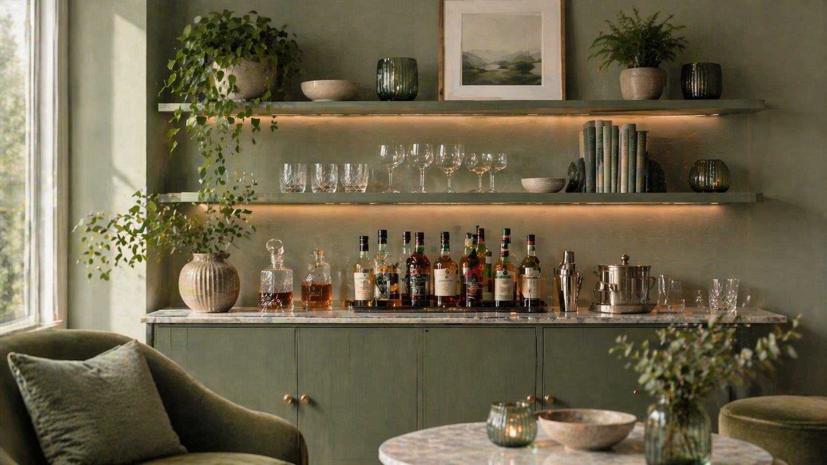 Helle, hyperrealistische Home Bar in Ton in Ton Gestaltung mit sanften Grüntönen von Salbei bis Tannengrün. Ein eleganter Barbereich mit grünem Sideboard und heller Steinplatte ist mit Spirituosenflaschen, Gläsern, Cocktailshaker und Eisbehälter ausgestattet. Darüber offene Regale mit Büchern, Keramik und Pflanzen in abgestimmten Grüntönen. Natürliches Tageslicht fällt von der Seite ein und sorgt für eine freundliche, ruhige und hochwertige Atmosphäre mit viel Tiefe.