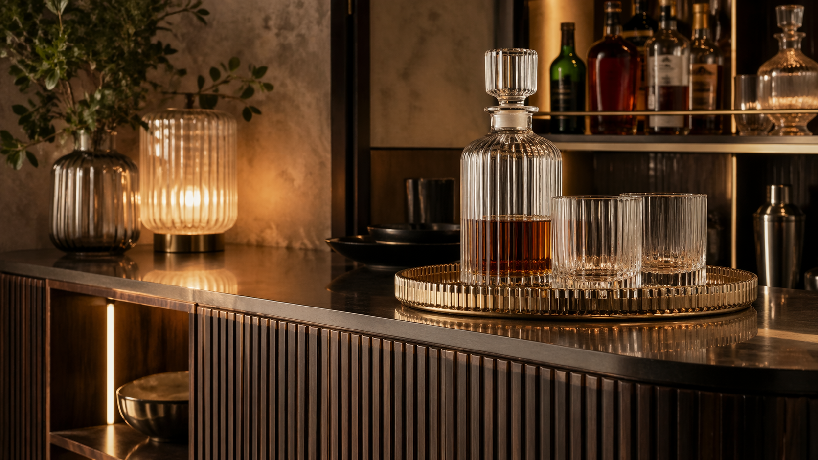 Stilvolle Home Bar mit geriffelter Holzfront und warmem Licht, darauf ein rundes Metalltablett mit Kristallkaraffe und passenden Reliefgläsern; im Hintergrund weitere strukturierte Glasvasen, Barutensilien und Flaschen, die die wiederkehrende Rillenoptik elegant aufgreifen.
