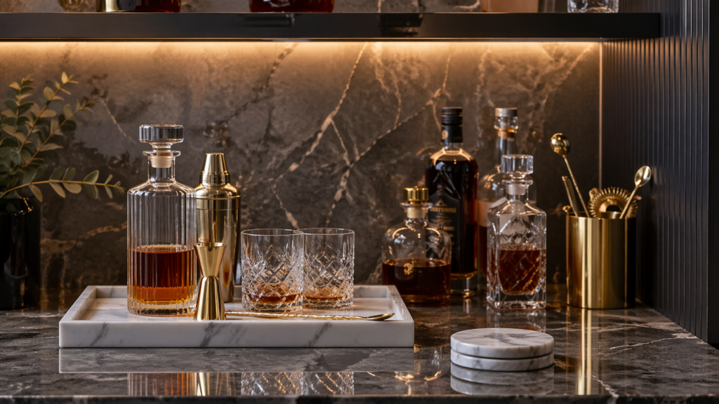 Hyperrealistische Home Bar mit dunkler Marmoroberfläche und edler Steinrückwand. Im Vordergrund ein weißes Marmortablett mit Kristallgläsern, Karaffe und goldenen Bar-Accessoires. Daneben hochwertige Spirituosenflaschen, ein Messing-Shaker und Barwerkzeuge. Warmes, indirektes Licht hebt die Marmorstruktur hervor und sorgt für eine ruhige, luxuriöse Atmosphäre ohne Personen.