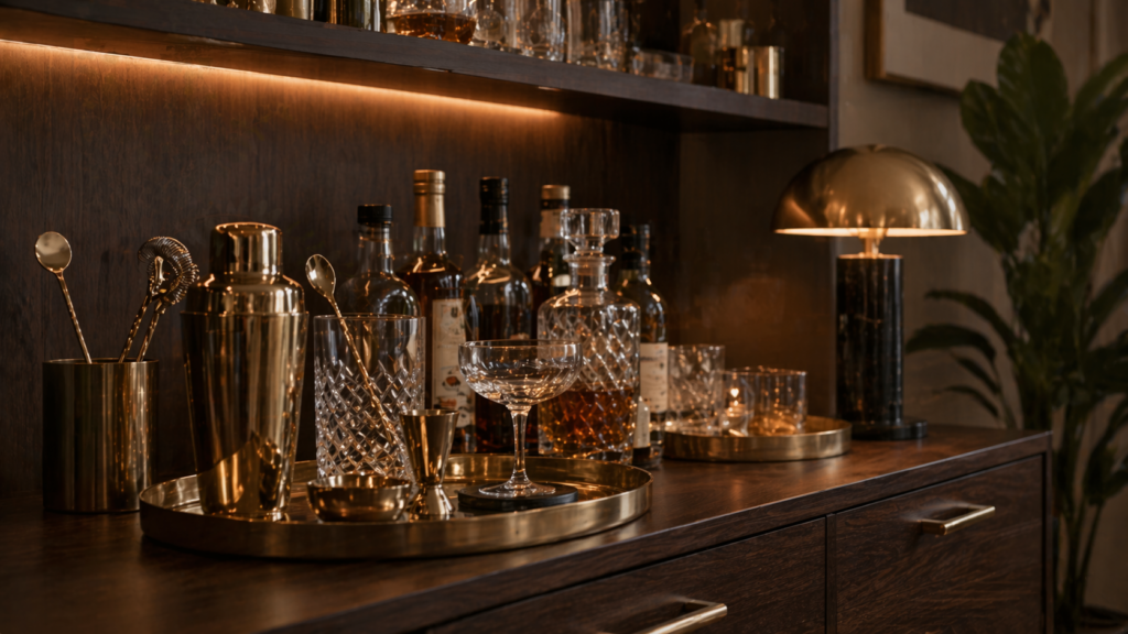 Hyperrealistische Home Bar mit dunklem Holz Sideboard, stilvoll kombinierte Metalle mit warmem Messingtablett und Cocktailshaker sowie silbernen Barlöffeln, edle Kristallgläser und Spirituosenflaschen im warmen Licht, elegante und moderne Atmosphäre ohne Personen.