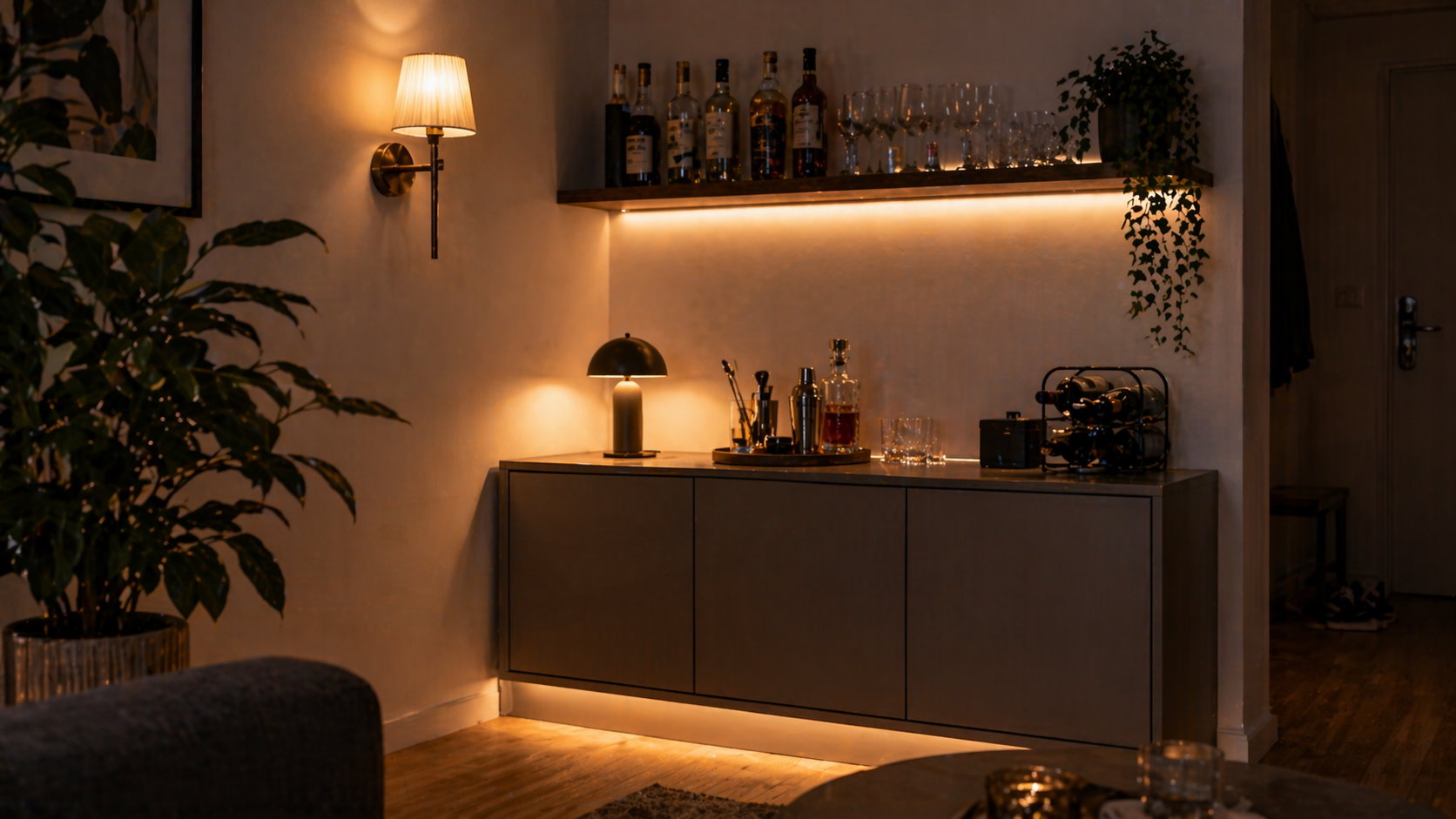 Hyperrealistische kleine Home Bar in einer Wohnungsecke mit drei Lichtquellen für eine warme Atmosphäre. Ein Sideboard mit Bar-Setup wird von einer Wandlampe, einer Tischlampe und indirektem LED-Licht unter dem Regal beleuchtet. Auf der Ablage stehen Gläser, Spirituosen und Bar-Accessoires, ergänzt durch Pflanzen und Holzdetails. Die Szene wirkt gemütlich, modern und platzsparend, ohne Personen.