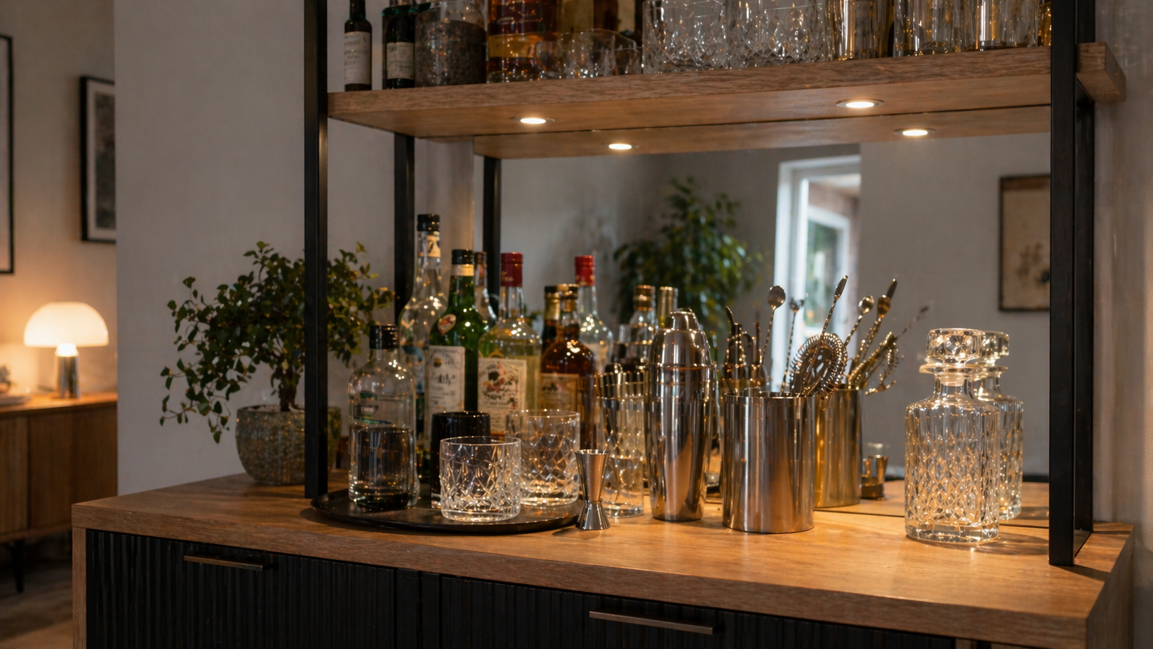 Hyperrealistische kleine Home Bar in einer Wohnungsecke mit drei Lichtquellen für eine warme Atmosphäre. Ein Sideboard mit Bar-Setup wird von einer Wandlampe, einer Tischlampe und indirektem LED-Licht unter dem Regal beleuchtet. Auf der Ablage stehen Gläser, Spirituosen und Bar-Accessoires, ergänzt durch Pflanzen und Holzdetails. Die Szene wirkt gemütlich, modern und platzsparend, ohne Personen.