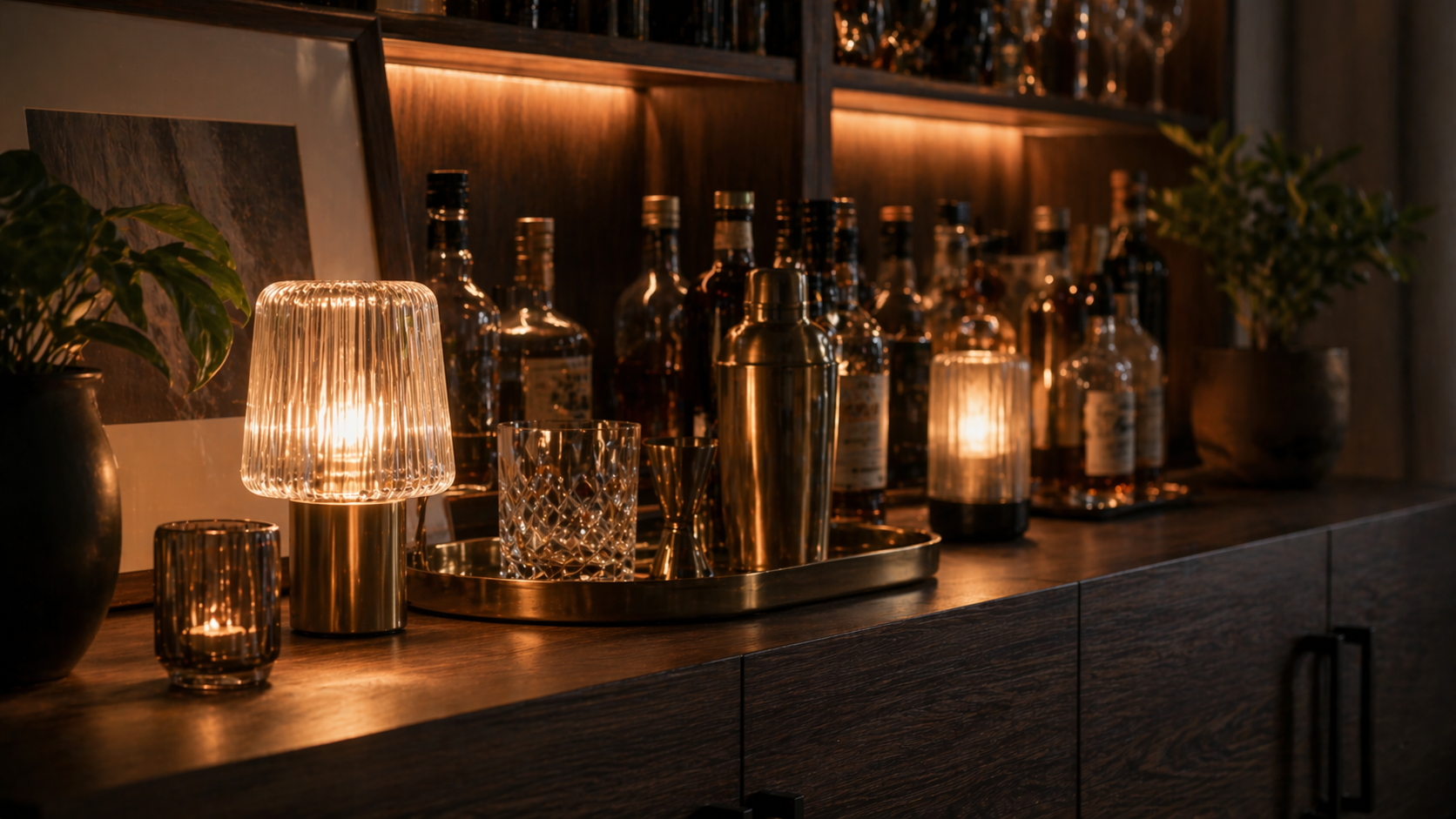 Hyperrealistische Home Bar mit dunklem Holz Sideboard, mehrere kleine Tischlampen und kabellose Leuchten erzeugen warmes, sanftes Licht zwischen Kristallgläsern und Spirituosenflaschen, stilvolles Bar Tablett mit goldenen Accessoires, gemütliche und hochwertige Atmosphäre ohne Personen.