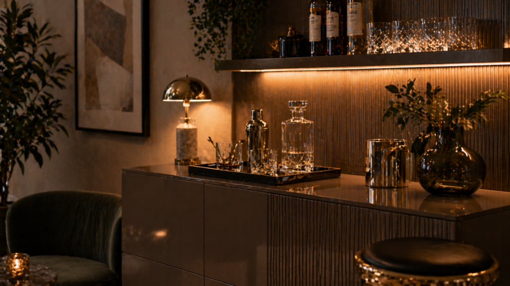 Hyperrealistische Home Bar mit reduziertem, elegantem Styling. Ein schlichtes Sideboard in mattem Finish wird durch gezielte glänzende Akzente ergänzt, darunter ein lackiertes Tablett mit Kristallgläsern, eine goldene Tischlampe, eine schimmernde Vase und metallische Bar-Accessoires. Warmes, indirektes Licht betont die Materialien, während Pflanzen und dezente Deko für eine ruhige, hochwertige Atmosphäre sorgen. Keine Personen.