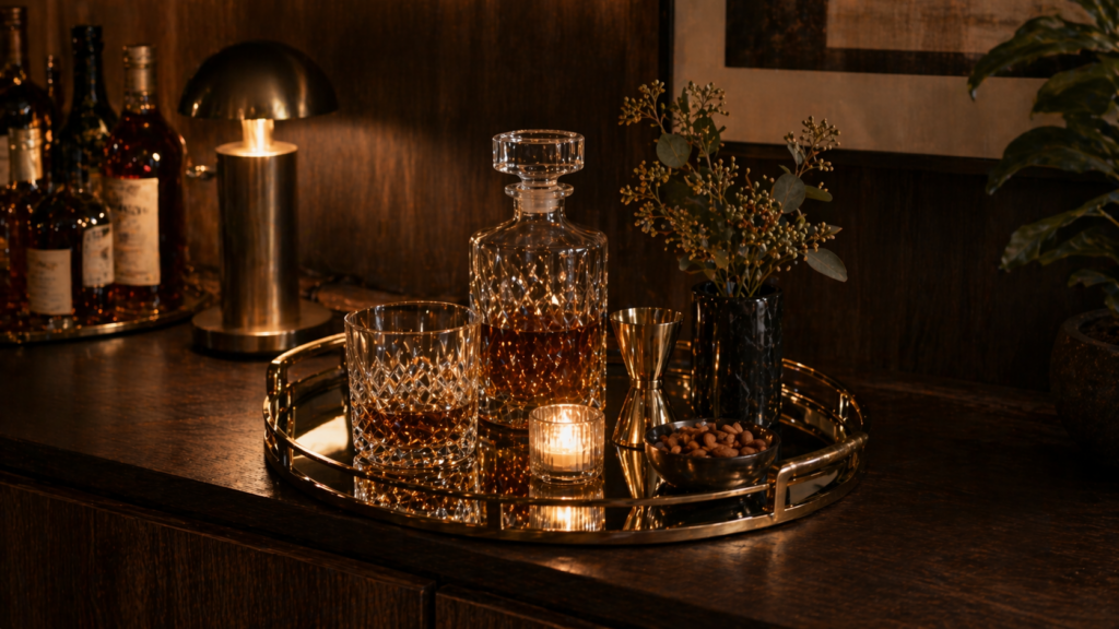 Hyperrealistische Home Bar mit dunklem Holz Sideboard und dekorativem Tablett aus Spiegelglas mit Metallrand, darauf stilvoll arrangiert eine Kristallkaraffe, ein Whiskyglas, eine kleine Kerze, ein Barmaß und eine Schale, warme indirekte Beleuchtung sorgt für eine elegante und harmonische Atmosphäre ohne Personen.