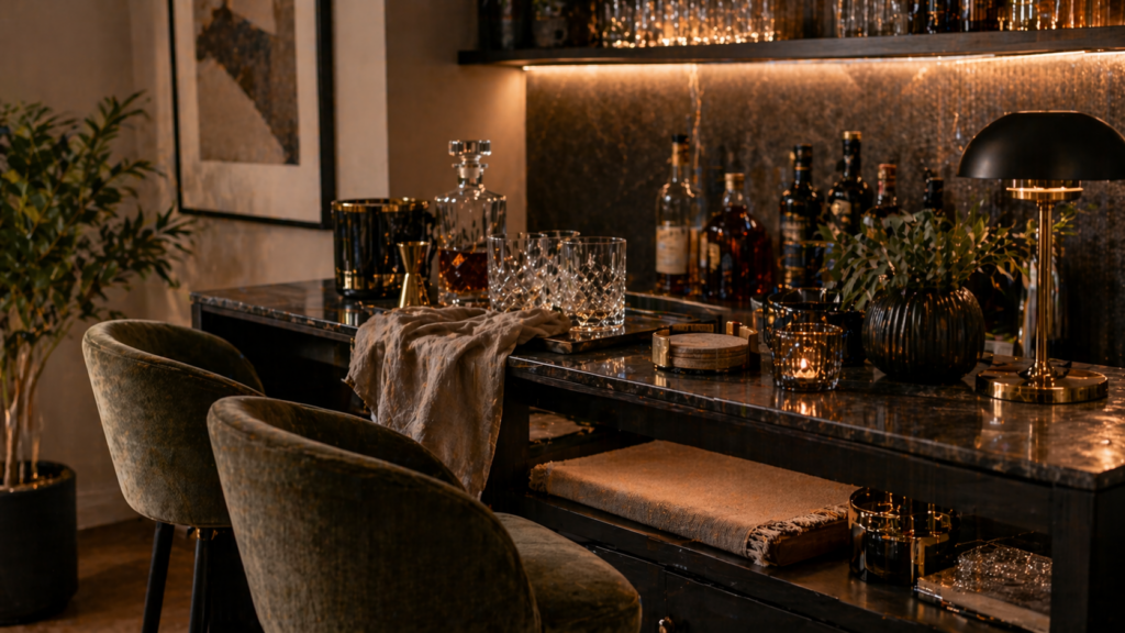 Hyperrealistische Home Bar mit warmem Licht und weichen Textilien als Kontrast zu Glas und Metall. Auf der dunklen Barfläche liegen ein locker drapiertes Leinentuch und Untersetzer, während gepolsterte Barhocker in Samtoptik für Gemütlichkeit sorgen. Im Hintergrund stehen Gläser, Spirituosen und eine dezente Beleuchtung. Die Kombination aus harten Materialien und Stoffen wirkt ausgewogen, wohnlich und stilvoll. Keine Personen.