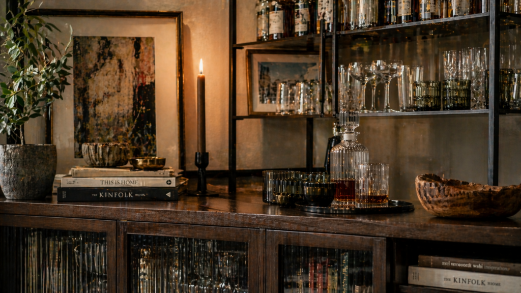 Gemütliche Home Bar aus dunklem Holz mit offenen Regalen, kombiniert mit dekorativen Büchern, einem angelehnten Kunstbild und persönlichen Accessoires; auf der Fläche stehen Karaffe und Gläser, während Kerzenlicht und warme Farben eine wohnliche, individuelle Atmosphäre schaffen.
