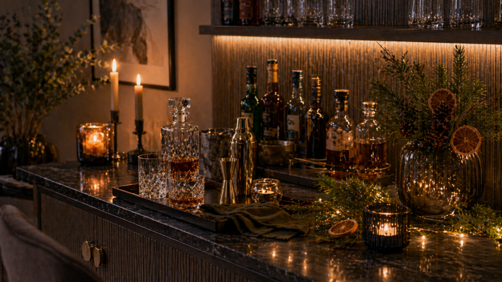 Hyperrealistische Home Bar mit saisonaler Winterdekoration. Auf einer dunklen Steinoberfläche stehen Gläser, Spirituosen und goldene Bar-Accessoires, ergänzt durch Kerzenlicht, Tannenzweige, getrocknete Orangenscheiben und warme Lichterketten. Die Kombination aus dunklen Tönen, natürlichen Elementen und sanfter Beleuchtung schafft eine festliche, gemütliche Atmosphäre. Keine Personen.