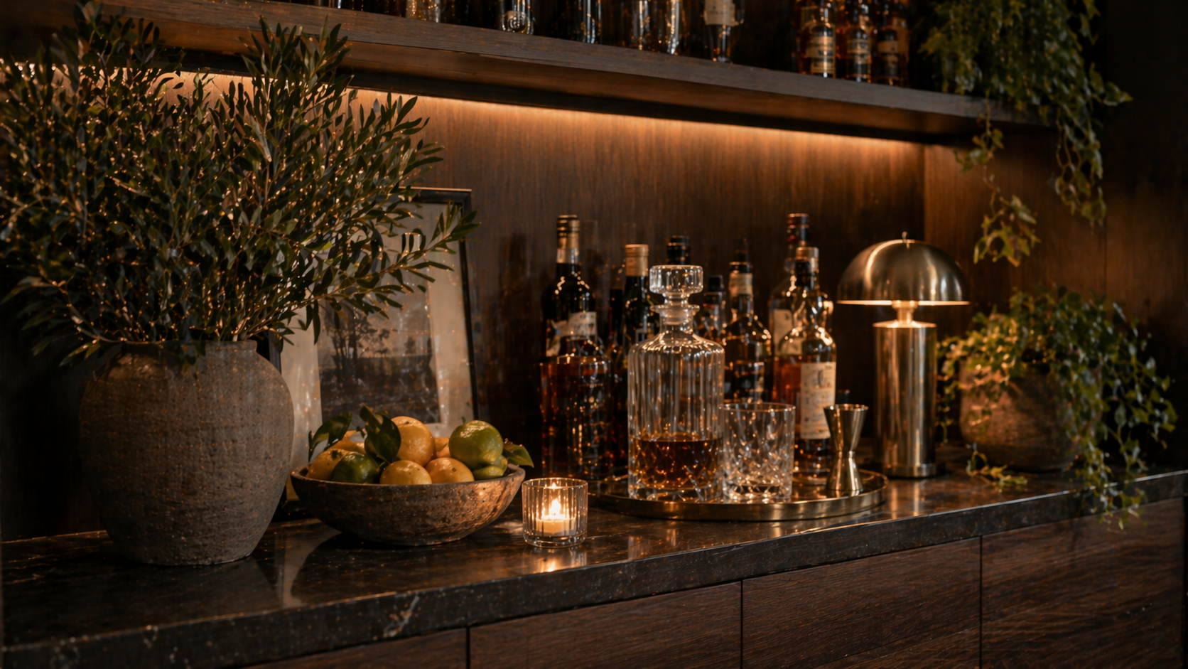 Hyperrealistische Home Bar mit dunklem Holz Sideboard, dekoriert mit grünen Pflanzen wie Olivenzweigen und hängendem Efeu, Schale mit Zitronen und Limetten, edle Spirituosenflaschen und Kristallgläser im warmen Licht, natürliche und gleichzeitig elegante Atmosphäre ohne Personen.