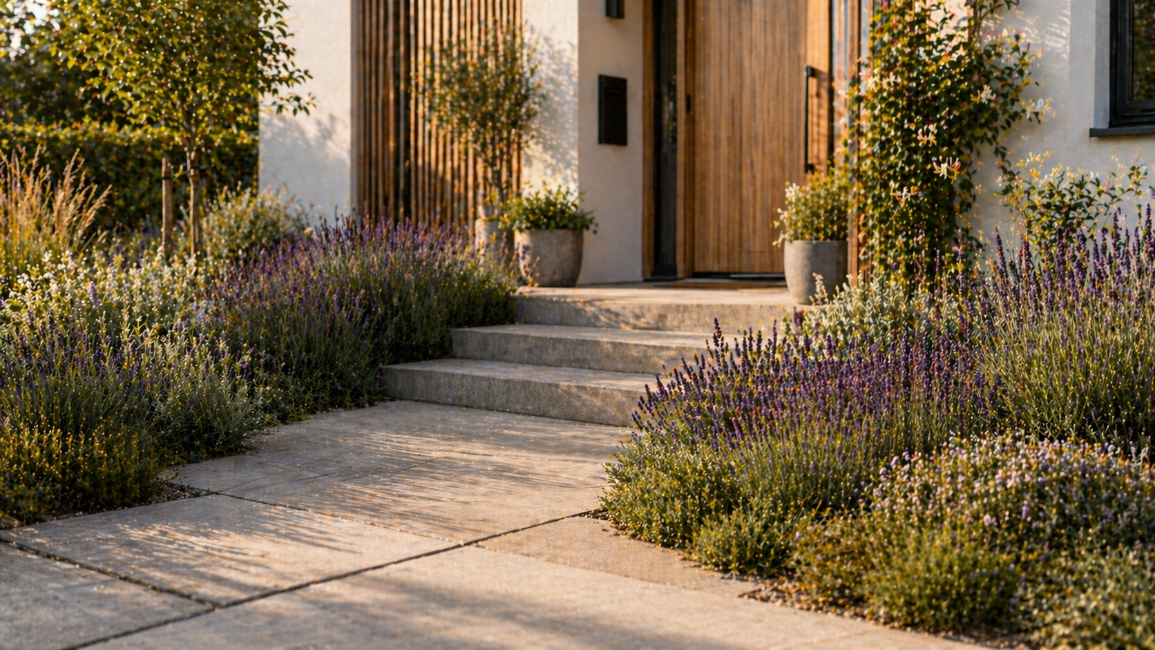 Moderner Vorgarten mit hellem Steinweg und Eingangsstufen, gesäumt von üppig bepflanzten Beeten mit Lavendel, Salbei und weiteren Duftpflanzen. Die Kombination aus warmen Holzelementen an der Fassade, klaren Linien und blühenden Pflanzen schafft einen einladenden, lebendigen Eingangsbereich mit sommerlicher Atmosphäre.