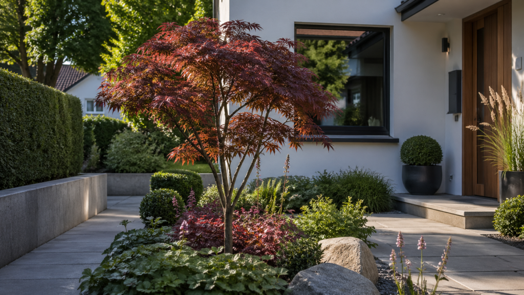 Moderner Vorgarten im klaren, minimalistischen Stil mit einem kleinen japanischen Ahorn als Blickfang in der Mitte. Umgeben von gepflegten Beeten mit niedrigen Stauden, Ziergräsern und Natursteinen fügt sich der Baum harmonisch in die Gesamtgestaltung ein. Ein geradliniger Weg aus großen Steinplatten führt zum Hauseingang, ergänzt durch schlichte Pflanzkübel und dezente Outdoor Beleuchtung. Die Szene wirkt hochwertig, ruhig und stilvoll mit ausgewogener Struktur und warmem Tageslicht.
