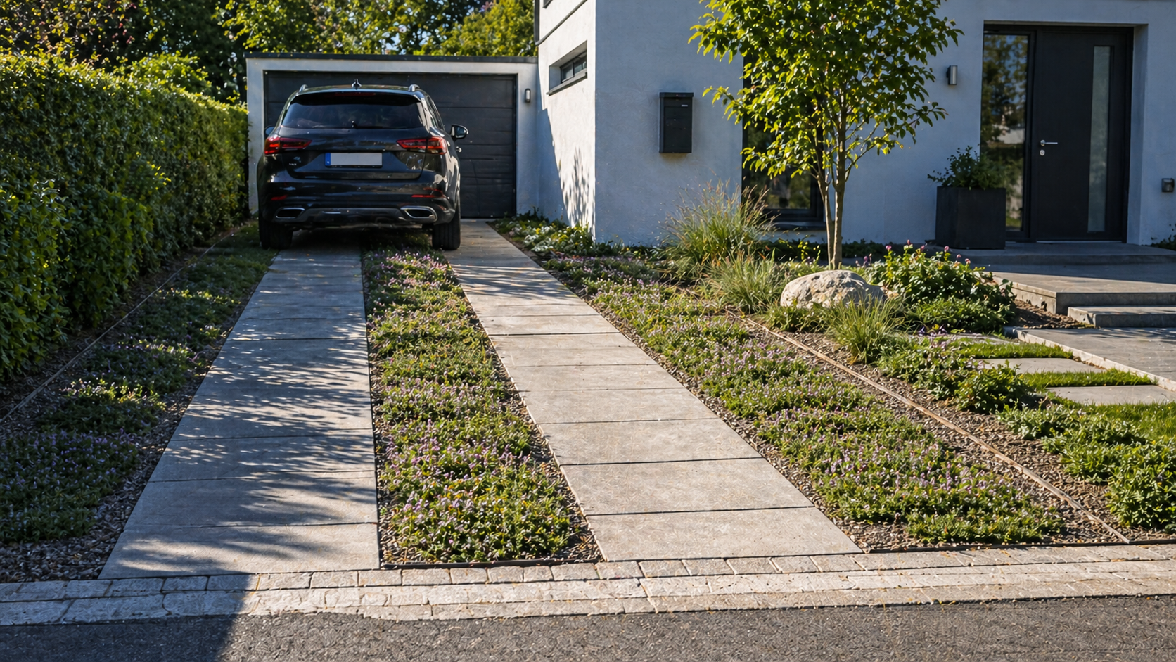 Moderner Vorgarten mit integrierter Einfahrt in klarer, reduzierter Gestaltung. Zwei schmale Fahrspuren aus großen Betonplatten führen zur Garage, während die Zwischenflächen und Ränder mit niedrigen, blühenden Bodendeckern wie kriechendem Thymian begrünt sind. Die Kombination aus befestigten Flächen und weichen Pflanzbereichen wirkt luftig und natürlich. Ergänzt wird die Szene durch Ziergräser, einen kleinen Baum, dezente Natursteine und schlichte Pflanzkübel am Hauseingang. Alles wirkt harmonisch, gepflegt und funktional zugleich.