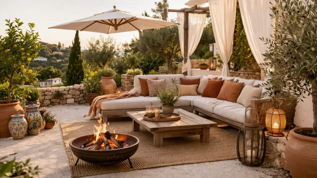 Mediterrane Sitzecke im Garten mit hellem Lounge-Set aus Holz und beigen Polstern, kombiniert mit Kissen in Terrakotta- und Sandtönen. Umgeben von Oliven- und Zitronenbäumchen in Töpfen sowie bunten Keramikgefäßen. Ein großer Sonnenschirm und leichte Leinenvorhänge spenden Schatten, während eine Feuerschale und warme Laternen für eine gemütliche, urlaubsähnliche Abendstimmung sorgen.