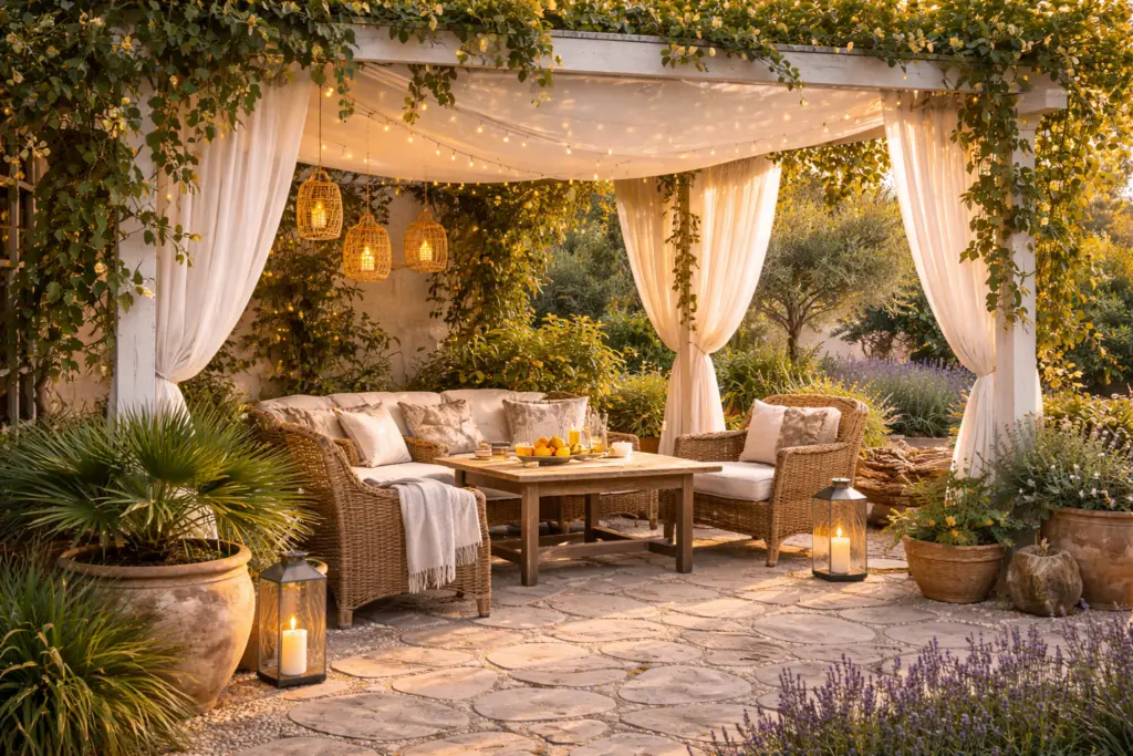 Mediterrane Garten Sitzecke unter einer weißen Pergola mit rankenden Weinreben und luftigen Stoffbahnen als Sonnenschutz. Helle Loungemöbel aus Rattan mit weichen Kissen stehen auf Natursteinplatten, umgeben von Terrakotta Töpfen, Lavendel und Olivenbäumen. Dezente Lichterketten und Laternen sorgen für eine warme, entspannte Atmosphäre im Schatten.