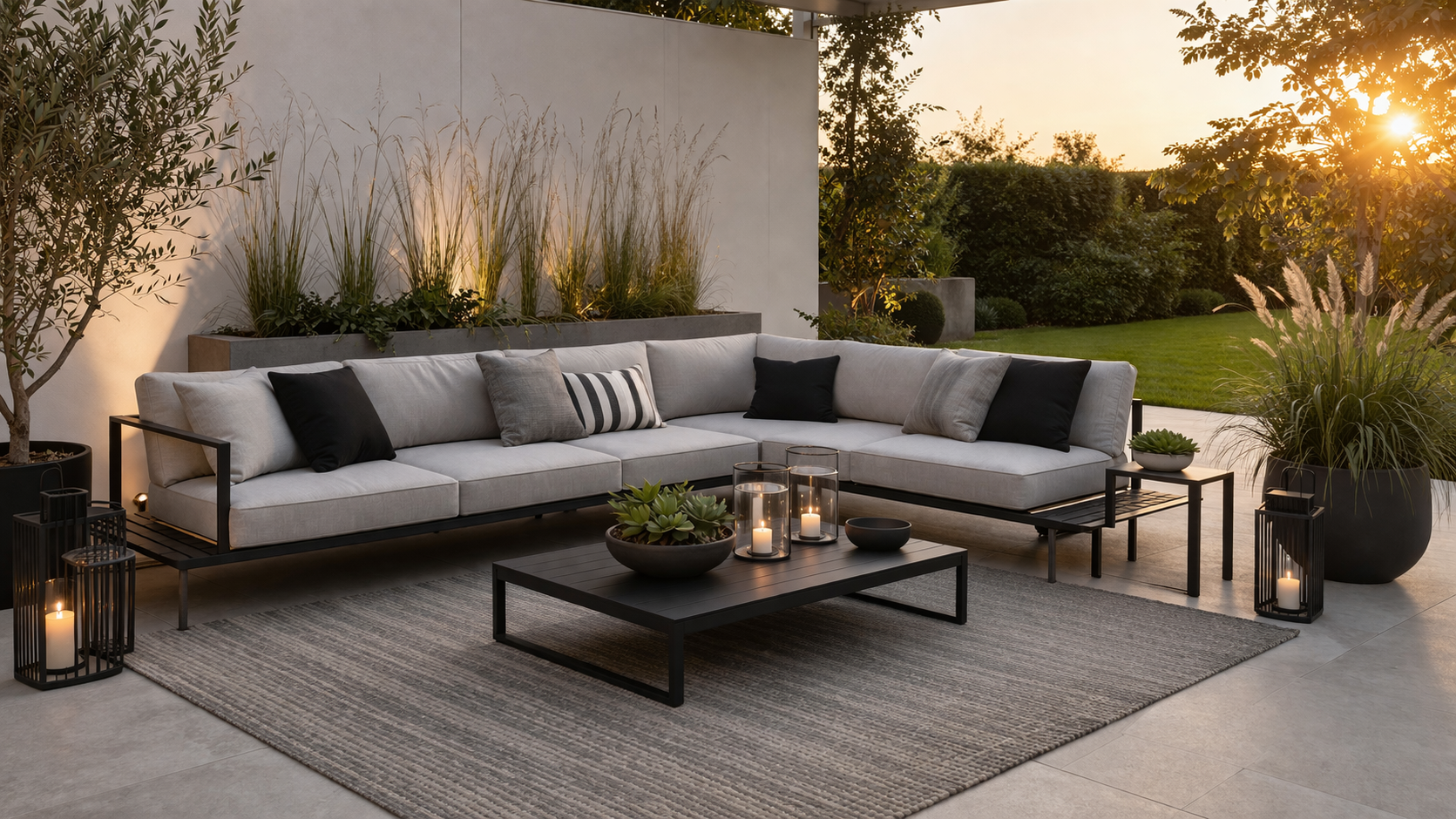 Hyperrealistische moderne Gartensitzecke mit minimalistischer Lounge in Grau und Schwarz, geradlinigem Metallgestell, schlichten Kissen, niedrigem Couchtisch, dezentem Teppich und wenigen Pflanzen sowie Laternen in einer klar gestalteten, ruhigen Gartenumgebung bei Sonnenuntergang.