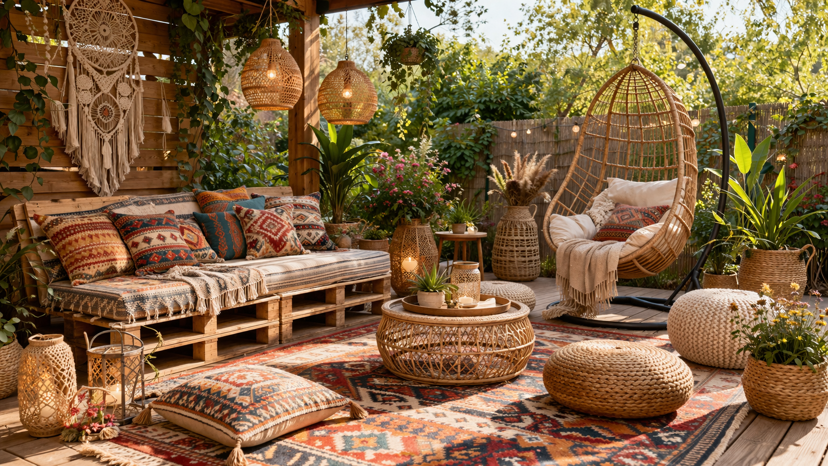 Boho Garten Sitzecke mit selbstgebauter Palettenbank, dekoriert mit vielen bunten Kissen in ethnischen Mustern und warmen Farben. Ein großer, farbenfroher Outdoor Teppich bildet die Basis, ergänzt durch runde Poufs und niedrige Korbtische. Hängende Rattanlampen und ein Hängesessel mit Gestell schaffen eine gemütliche Atmosphäre, während Pflanzen, Traumfänger und natürliche Materialien den entspannten Boho Stil unterstreichen.