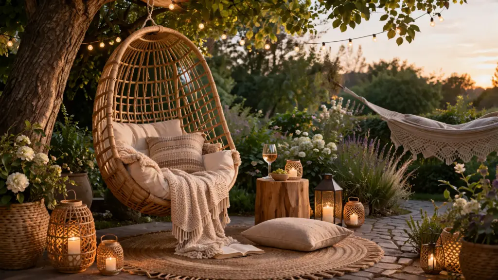 Gemütliche Garten Sitzecke mit einem hängenden Rattan Hängesessel unter einem Baum, ausgestattet mit weichen Kissen und einer hellen Decke. Darunter liegt ein runder Naturteppich, ergänzt durch ein Bodenkissen und kleine Beistelltische aus Holz. Umgeben von üppigen Pflanzen, Lichterketten und warm leuchtenden Laternen entsteht eine ruhige, entspannte Atmosphäre in der Abenddämmerung.