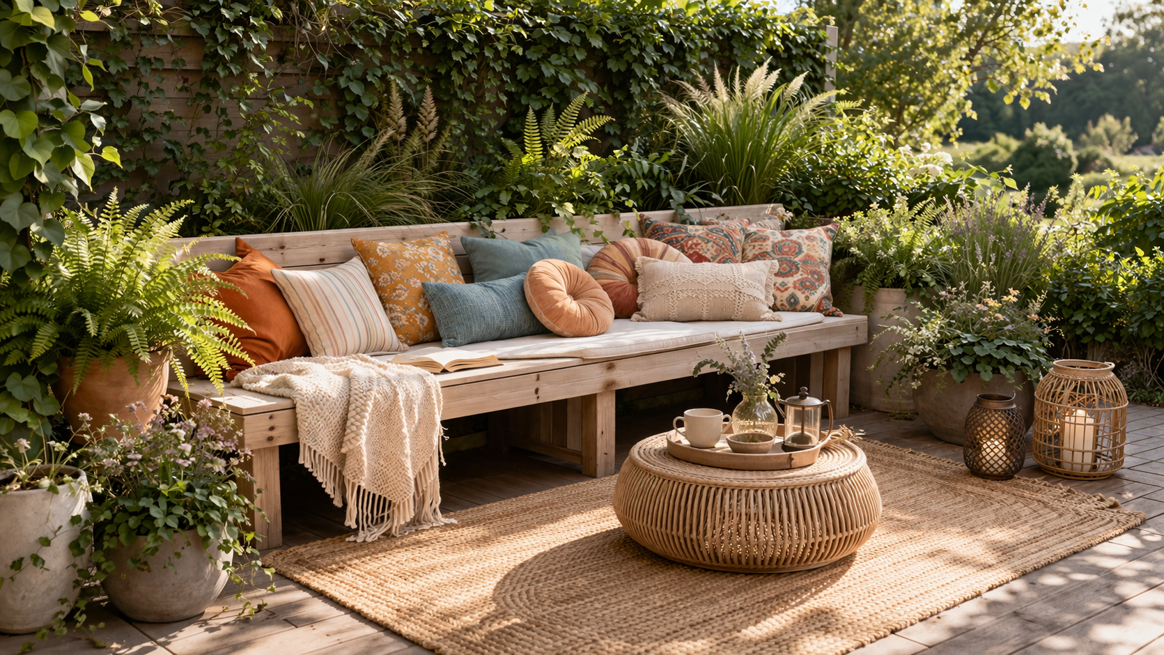 Gemütliche Garten Sitzecke mit einer langen Holzbank in hellem Naturton, dekoriert mit vielen weichen Kissen in warmen Farben und verschiedenen Mustern. Umgeben von großen Pflanzkübeln mit Farnen, Gräsern und Efeu entsteht eine grüne, geschützte Atmosphäre. Ein natürlicher Outdoor Teppich, ein runder Korbtisch mit Tee und Deko sowie eine leichte Decke laden zum Entspannen und Lesen in der Sonne ein.
