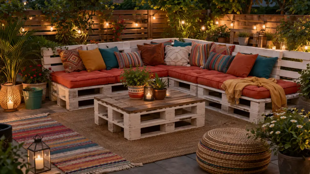DIY Sitzecke im Garten aus weiß gestrichenen Europaletten mit großen, farbigen Outdoor Sitzkissen und dekorativen Kissen in warmen Tönen. Ein passender Paletten Couchtisch steht in der Mitte, umgeben von Teppichen, Lichterketten, Laternen und Topfpflanzen, die eine gemütliche, kreative Lounge Atmosphäre schaffen.