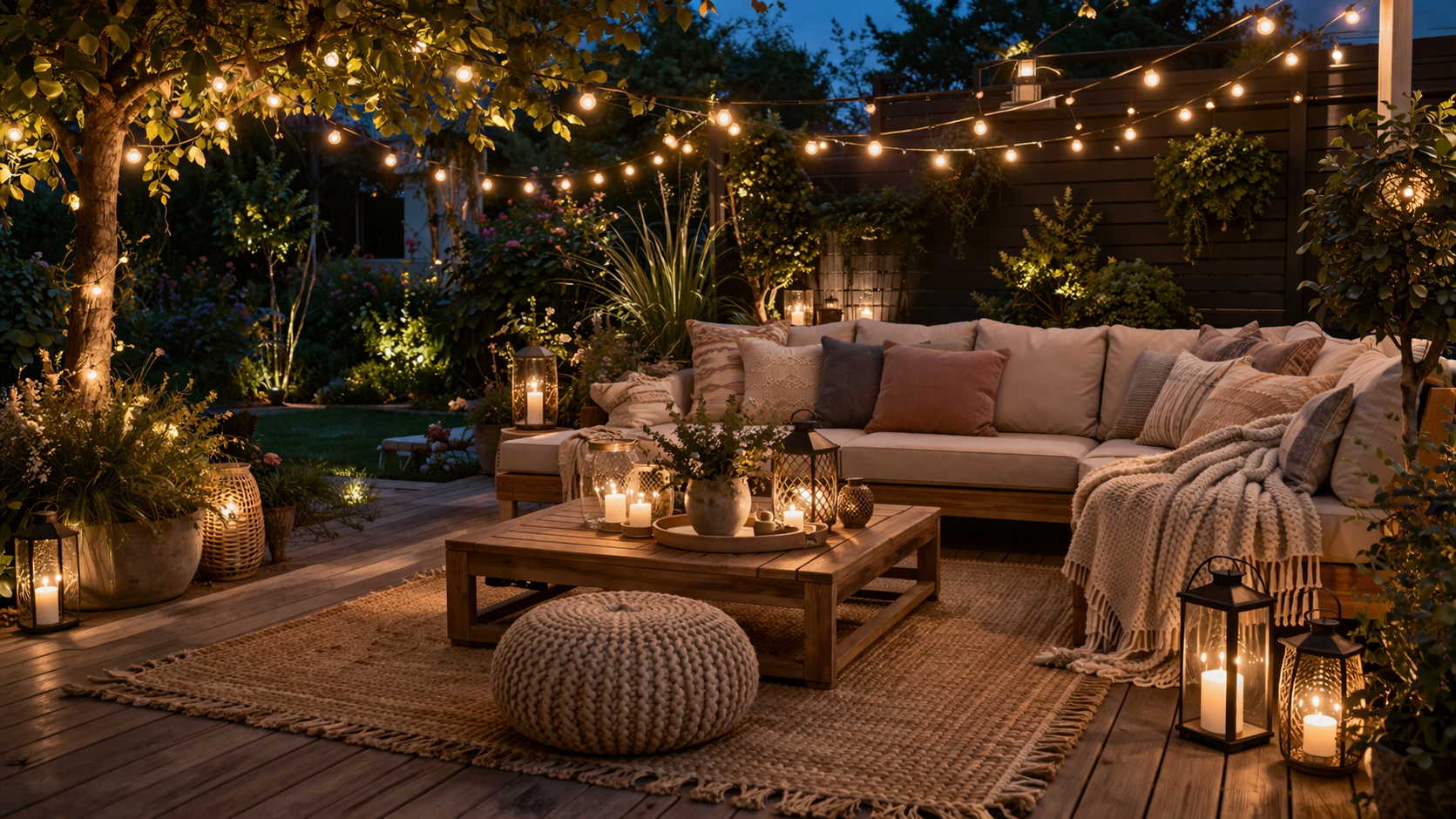 Stimmungsvolle Garten Sitzecke in der Dämmerung, beleuchtet von warmen Lichterketten, die über der Fläche gespannt sind. Auf einem Tisch stehen mehrere Windlichter und Kerzen in Laternen, während entlang der Pflanzen dezente Solarlampen den Weg sanft erhellen. Gemütliche Sitzmöbel mit Kissen und Decken schaffen eine einladende Atmosphäre für entspannte Sommerabende unter freiem Himmel.
