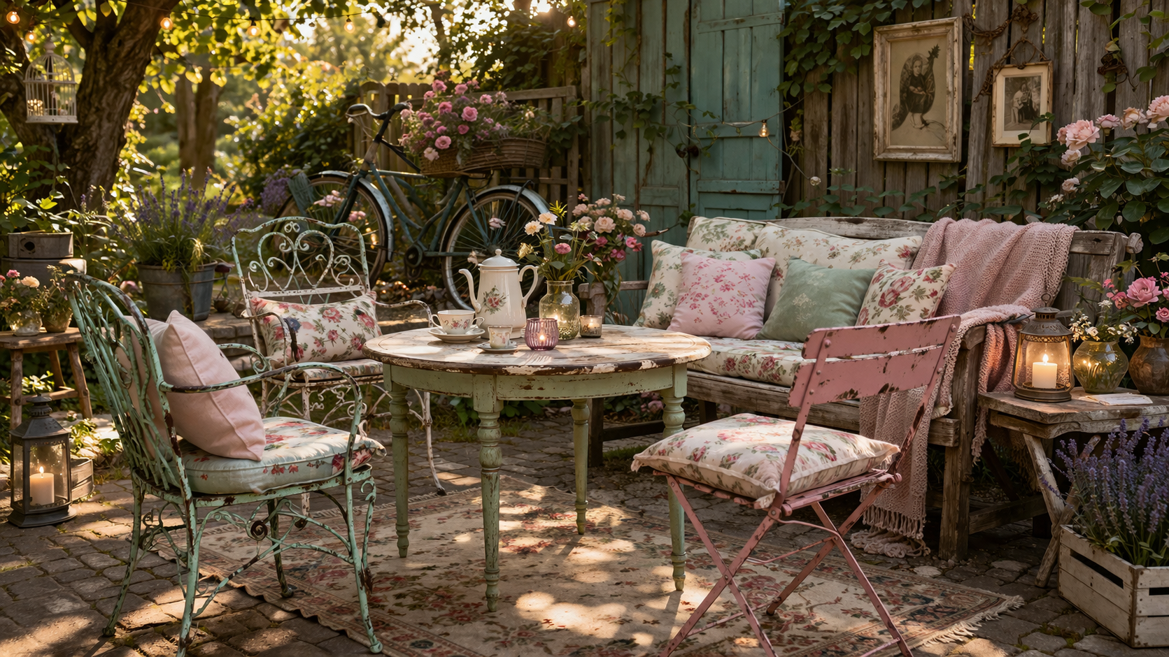 Hyperrealistische Vintage Gartensitzecke mit buntem Mix aus alten Stühlen und Tisch in Pastellfarben, floralen Kissen, gestrickten Decken, dekorativer Kaffeekanne, Laternen und einem alten Fahrrad als Deko in einer romantischen, leicht verwitterten Gartenumgebung.