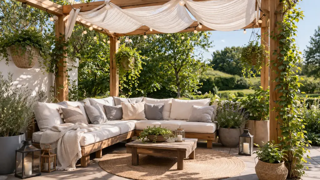 Gemütliche Sitzecke im Garten unter einer Holzpergola mit luftigen, hellen Stoffbahnen als Sonnenschutz. Darunter eine L-förmige Loungebank aus Holz mit weichen Kissen in Creme und Hellgrau, dekoriert mit Plaid und Kissen. Umgeben von üppigen Pflanzen in Töpfen und Hängeampeln, ergänzt durch Laternen und warme Lichterketten, die eine entspannte, mediterrane Atmosphäre schaffen.