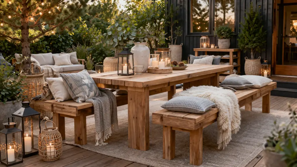 Skandinavische Garten Sitzecke mit einem massiven Holztisch und passenden Bänken aus hellem Naturholz, umgeben von ruhigem Grün. Auf den Sitzflächen liegen weiche Kissen und Decken in Creme, Grau und sanften Pastelltönen. Mehrere Kerzen und Laternen sorgen für warmes Licht, während natürliche Materialien und klare Linien eine gemütliche, hyggelige Atmosphäre schaffen.