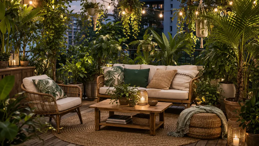 Gemütliche Sitzecke im Urban Jungle Stil mit Lounge Möbeln aus Rattan und Holz, umgeben von vielen großen Pflanzen wie Palmen, Farnen und hängenden Ranken. Warme Lichterketten und Laternen sorgen in der Dämmerung für eine stimmungsvolle, tropische Atmosphäre mit viel Grün und natürlichen Materialien.