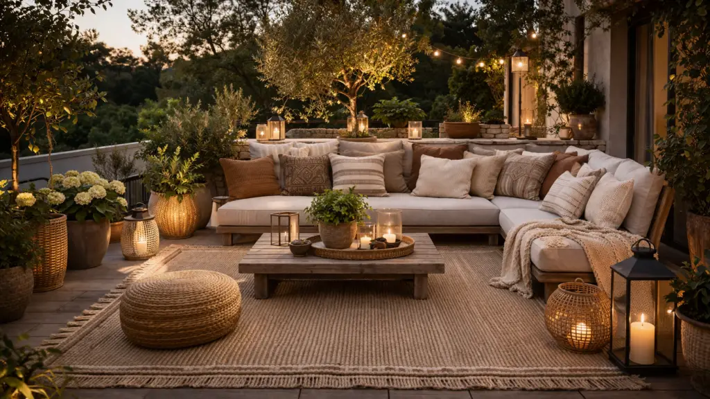 Gemütliches Outdoor Wohnzimmer auf einer Terrasse mit großer Ecklounge in hellen Naturtönen, vielen weichen Kissen und Decken sowie einem wetterfesten Teppich. Ein niedriger Holztisch, warme Laternen, Lichterketten und zahlreiche Topfpflanzen schaffen eine wohnliche, entspannte Atmosphäre wie im Wohnzimmer im Freien.
