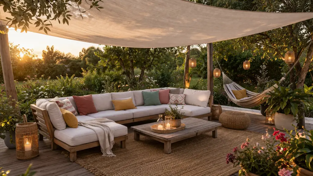Hyperrealistische Gartensitzecke mit großem Sonnensegel in hellem Creme Ton über einer Lounge aus Holz, kombiniert mit hellen Polstern und farbigen Kissen, Holztisch, Juteteppich, Hängematte und warmen Laternen sowie Lampions in einer grünen Gartenumgebung bei Sonnenuntergang.