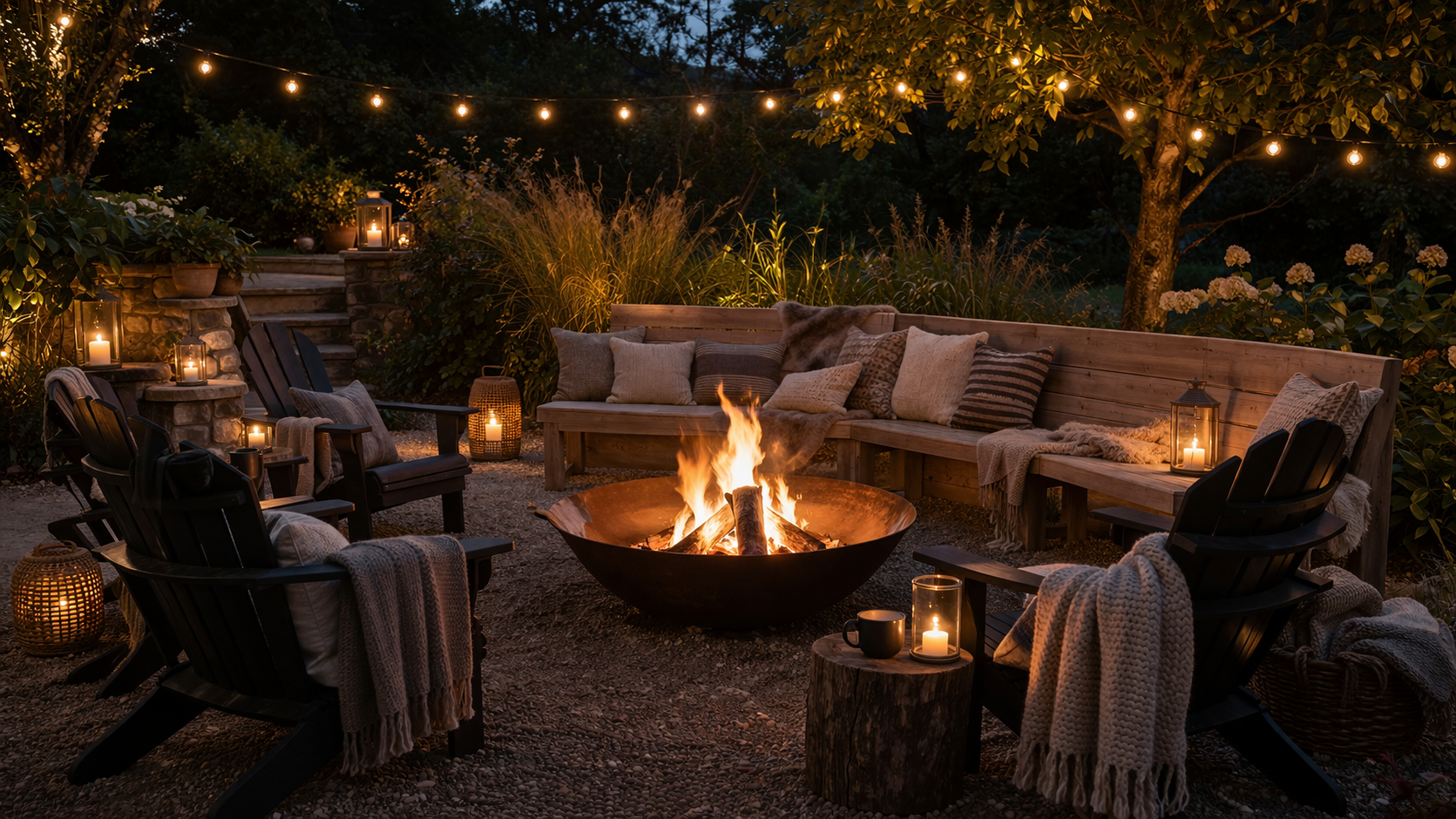 Hyperrealistische Gartensitzecke am Abend mit zentraler Feuerschale und loderndem Feuer, umgeben von Holzstühlen, Sitzbank mit Kissen und Decken, kleinen Beistelltischen, Laternen und Lichterkette in einer gemütlich beleuchteten Gartenlandschaft.