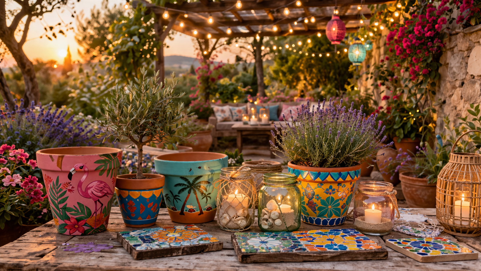 Mediterrane DIY Ecke im Garten mit bemalten Tontöpfen in bunten Mustern, Mosaikfliesen auf Holzplatten und selbstgemachten Glaswindlichtern mit Sand und Kerzen. Im Hintergrund eine Pergola mit Lichterketten und üppigen Pflanzen, die eine warme, kreative und persönliche Atmosphäre schaffen.