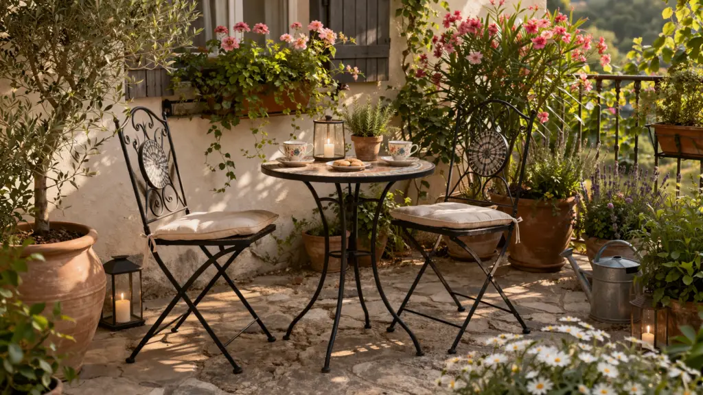Kleine, gemütliche Bistro Sitzecke im Garten mit rundem Tisch und zwei filigranen Klappstühlen aus Schmiedeeisen. Auf dem Tisch stehen ein Windlicht, dekoratives Geschirr und ein kleines Kräuterpflänzchen. Umgeben von blühenden Pflanzen, Terrakottatöpfen und warmem Sonnenlicht entsteht eine charmante Atmosphäre wie in einem kleinen Straßencafé.