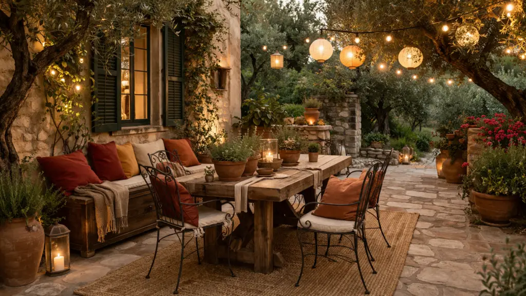 Hyperrealistische rustikale Gartensitzecke im mediterranen Landhausstil mit großem Holztisch, schmiedeeisernen Stühlen, Sitzbank mit Terrakotta Kissen, Juteteppich, vielen Keramiktöpfen mit Kräutern und warmen Lichterketten sowie Lampions unter Bäumen bei Abendstimmung.