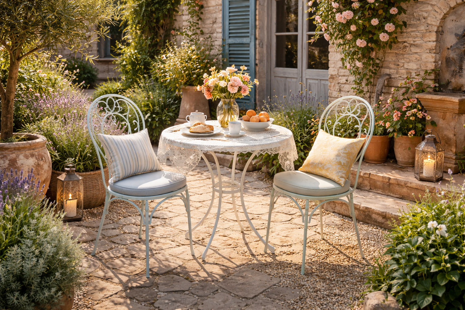 Mediterraner Garten mit französischem Flair und einem filigranen Bistro Set aus Metall in zarten Pastellfarben. Ein runder Tisch mit heller Tischdecke ist liebevoll gedeckt mit Café au Lait, Gebäck und Blumen. Umgeben von Natursteinboden, Lavendel, Terrakotta Töpfen und blühenden Pflanzen entsteht eine leichte, elegante Atmosphäre wie in einem kleinen Café in Südfrankreich.