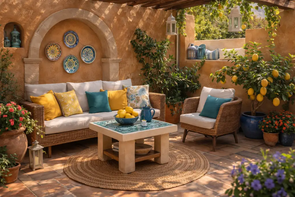 Mediterrane Sitzecke im Garten mit warmen Erdtönen wie Terrakotta, Sand und Ocker. Rattanmöbel mit Kissen in Gelb, Blau und Weiß setzen frische Akzente, während Zitronenbaum, Keramikteller an der Wand und ein Mosaiktisch das typische mediterrane und maritime Flair unterstreichen.