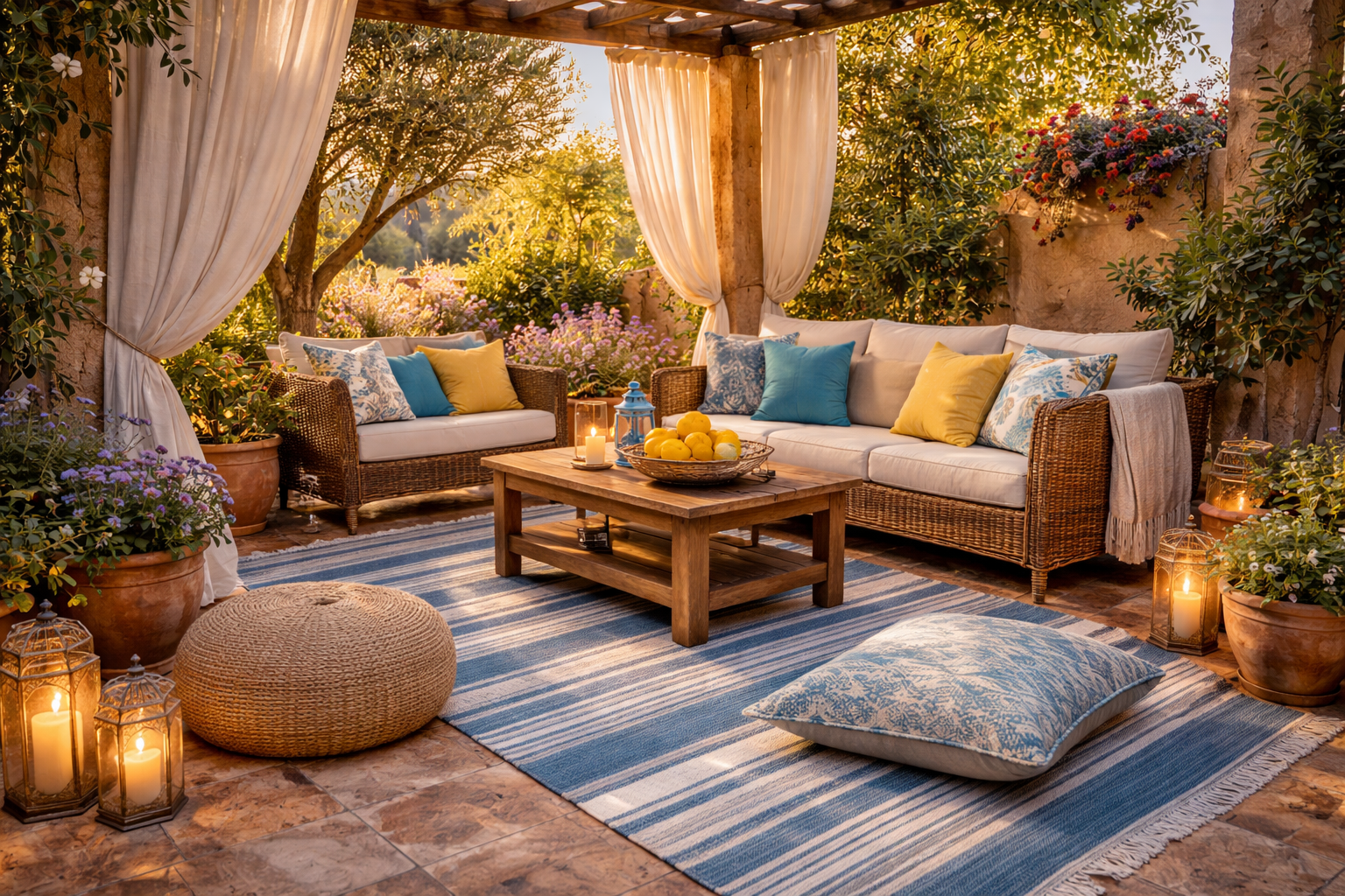 Mediterrane Sitzecke im Garten mit Outdoor Teppich in Blau Weiß, Rattanmöbeln und vielen Kissen in Gelb, Türkis und Naturtönen. Leichte Leinenvorhänge an einer Pergola sorgen für weichen Schatten, während Laternen, Decken und Pflanzen eine gemütliche wohnliche Atmosphäre wie im Wohnzimmer im Freien schaffen.