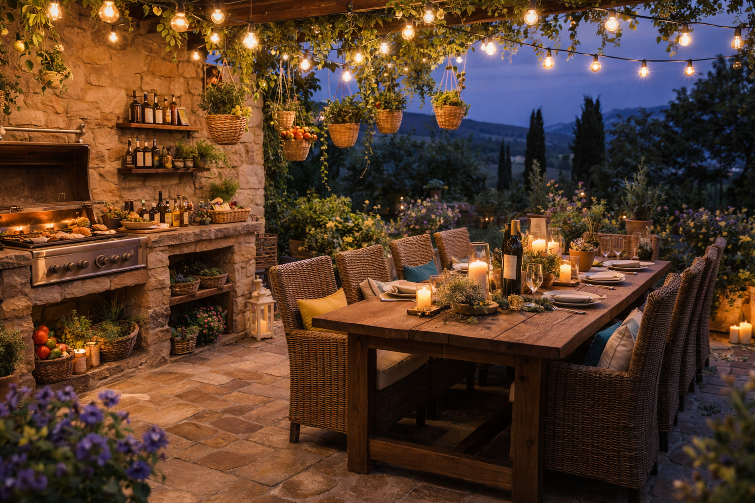Mediterrane Outdoor Küche im Garten mit Naturstein Theke und Grillbereich neben einem großen Holztisch mit bequemen Rattanstühlen. Der Tisch ist mit Kerzen, Geschirr und Kräutern dekoriert, während darüber warme Lichterketten hängen. Regale mit Ölflaschen, Körbe mit Gemüse und üppige Pflanzen sorgen für echtes Urlaubsfeeling in der Abenddämmerung.