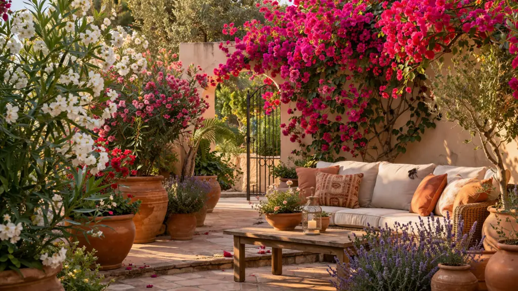Hyperrealistischer mediterraner Garten mit üppig blühendem Oleander und Bougainvillea in kräftigem Rosa, Weiß und Rot, arrangiert in Terrakotta Töpfen rund um eine gemütliche Sitzecke mit Sofa, Kissen und Holztisch, eingebettet in warmes Sonnenlicht.