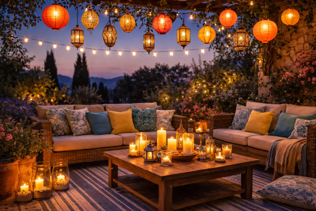 Mediterrane Sitzecke im Garten bei Abenddämmerung mit vielen bunten Lampions, warmen Lichterketten und leuchtenden Kerzen auf einem Holztisch. Rattanmöbel mit farbigen Kissen, dekorative Glasgefäße mit Sand und Teelichtern sowie üppige Pflanzen sorgen für eine festliche, magische Atmosphäre.