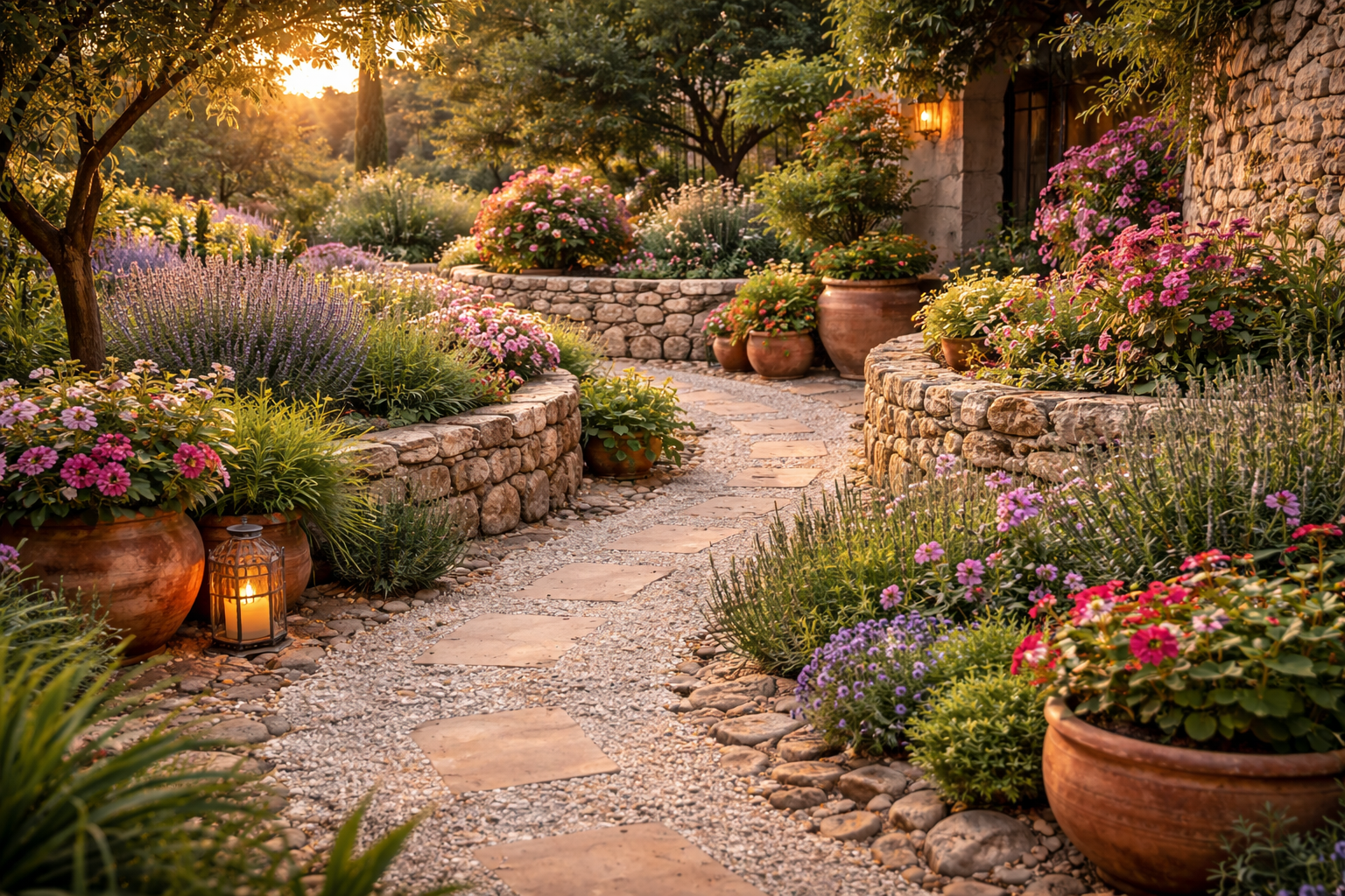 Hyperrealistischer mediterraner Garten mit geschwungenem Kiesweg und unregelmäßigen Trittsteinen, eingefasst von niedrigen Natursteinmauern, Terrakotta Töpfen und üppigen Beeten mit Lavendel, Rosmarin und bunten Blüten im warmen Abendlicht.