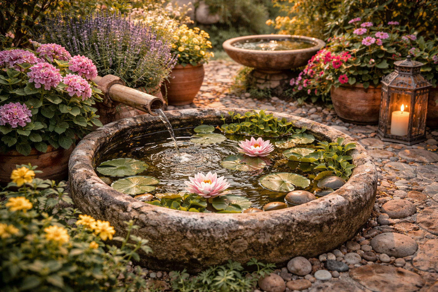 Hyperrealistischer kleiner mediterraner Miniteich aus einer flachen Steinschale mit Wasser, Seerosen und sanft plätscherndem Auslauf, umgeben von Kies, Terrakotta Töpfen mit blühenden Pflanzen und einer Laterne für eine ruhige, gemütliche Gartenatmosphäre.